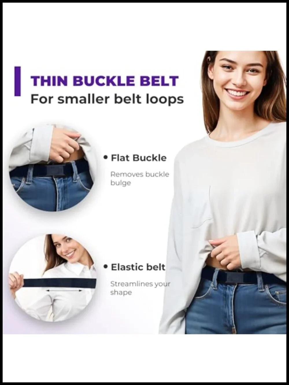 Thin Elastic Stretch Belt for Women, Low Profile Flat Buckle, No Show